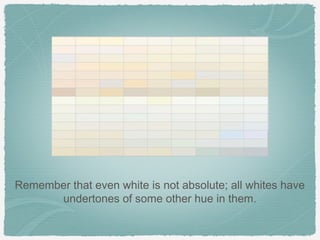 Remember that even white is not absolute; all whites have
      undertones of some other hue in them.
 