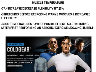 MUSCLE TEMPERATURE
-CAN INCREASE/DECREASE FLEXIBILITY BY 20%
-STRETCHING BEFORE EXERCISING WARMS MUSCLES & INCREASES
FLEXIBILITY
-COOL TEMPERATURES HAVE OPPOSITIE EFFECT, SO STRETCHING
AFTER FIRST PERFORMING AN AEROBIC EXERCISE (JOGGING) IS BEST
 