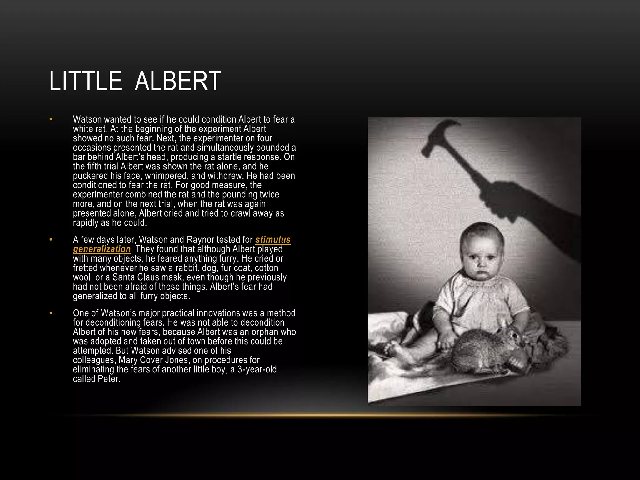 • Watson wanted to see if he could condition Albert to fear a
white rat. At the beginning of the experiment Albert
showed no such fear. Next, the experimenter on four
occasions presented the rat and simultaneously pounded a
bar behind Albert‘s head, producing a startle response. On
the fifth trial Albert was shown the rat alone, and he
puckered his face, whimpered, and withdrew. He had been
conditioned to fear the rat. For good measure, the
experimenter combined the rat and the pounding twice
more, and on the next trial, when the rat was again
presented alone, Albert cried and tried to crawl away as
rapidly as he could.
• A few days later, Watson and Raynor tested for stimulus
generalization. They found that although Albert played
with many objects, he feared anything furry. He cried or
fretted whenever he saw a rabbit, dog, fur coat, cotton
wool, or a Santa Claus mask, even though he previously
had not been afraid of these things. Albert‘s fear had
generalized to all furry objects.
• One of Watson‘s major practical innovations was a method
for deconditioning fears. He was not able to decondition
Albert of his new fears, because Albert was an orphan who
was adopted and taken out of town before this could be
attempted. But Watson advised one of his
colleagues, Mary Cover Jones, on procedures for
eliminating the fears of another little boy, a 3-year-old
called Peter.
LITTLE ALBERT
 