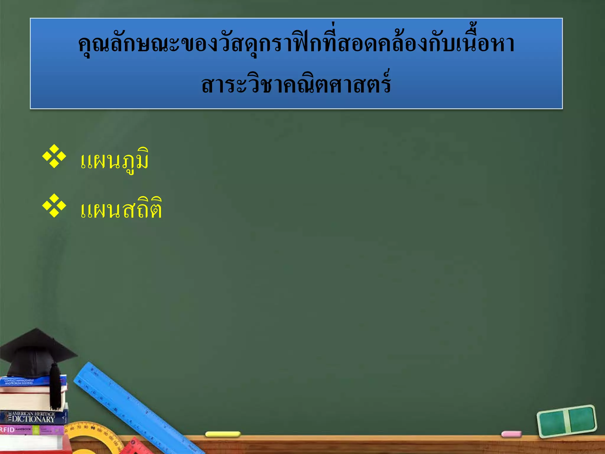 คุณลักษณะของวัสดุกราฟิกที่สอดคล้องกับเนื้อหา
สาระวิชาคณิตศาสตร์
 แผนภูมิ
 แผนสถิติ
 