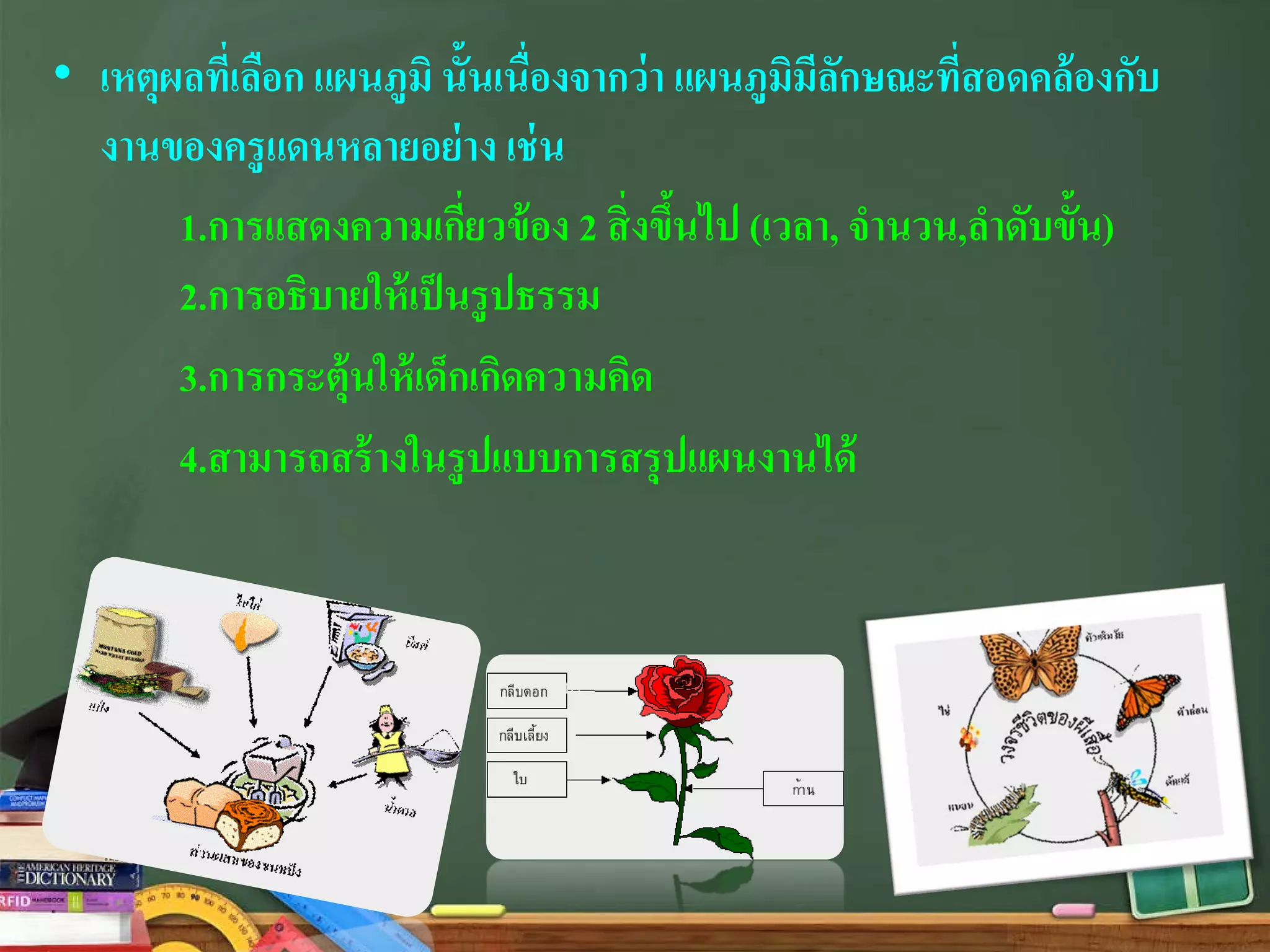 • เหตุผลที่เลือก แผนภูมิ นั้นเนื่องจากว่า แผนภูมิมีลักษณะที่สอดคล้องกับ
งานของครูแดนหลายอย่าง เช่น
1.การแสดงความเกี่ยวข้อง 2 สิ่งขึ้นไป (เวลา, จํานวน,ลําดับขั้น)
2.การอธิบายให้เป็นรูปธรรม
3.การกระตุ้นให้เด็กเกิดความคิด
4.สามารถสร้างในรูปแบบการสรุปแผนงานได้
 