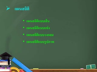  แผนสถิติ
• แผนสถิติแบบเส้น
• แผนสถิติแบบแท่ง
• แผนสถิติแบบวงกลม
• แผนสถิติแบบรูปภาพ
 