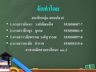 จัดทําโดย
สมาชิกกลุ่ม จอมปลวก
• 1.นางสาวอันนา วงศ์พัฒนกิจ 553050007-7
• 2.นางสาวธีรญา ชูเกษ 553050081-5
• 3.นางสาววลัยพรรณ วงศ์สุวรรณ 553050097-0
• 4.นางสาวละมัย คําราช 553050315-6
สาขาคณิตศาสตรศึกษา sec.2
 