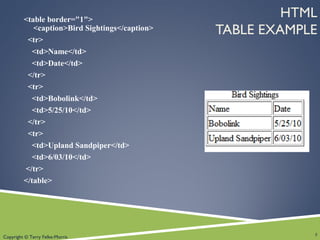 Copyright © Terry Felke-Morris
HTML
TABLE EXAMPLE
<table border="1">
<caption>Bird Sightings</caption>
<tr>
<td>Name</td>
<td>Date</td>
</tr>
<tr>
<td>Bobolink</td>
<td>5/25/10</td>
</tr>
<tr>
<td>Upland Sandpiper</td>
<td>6/03/10</td>
</tr>
</table>
5
 