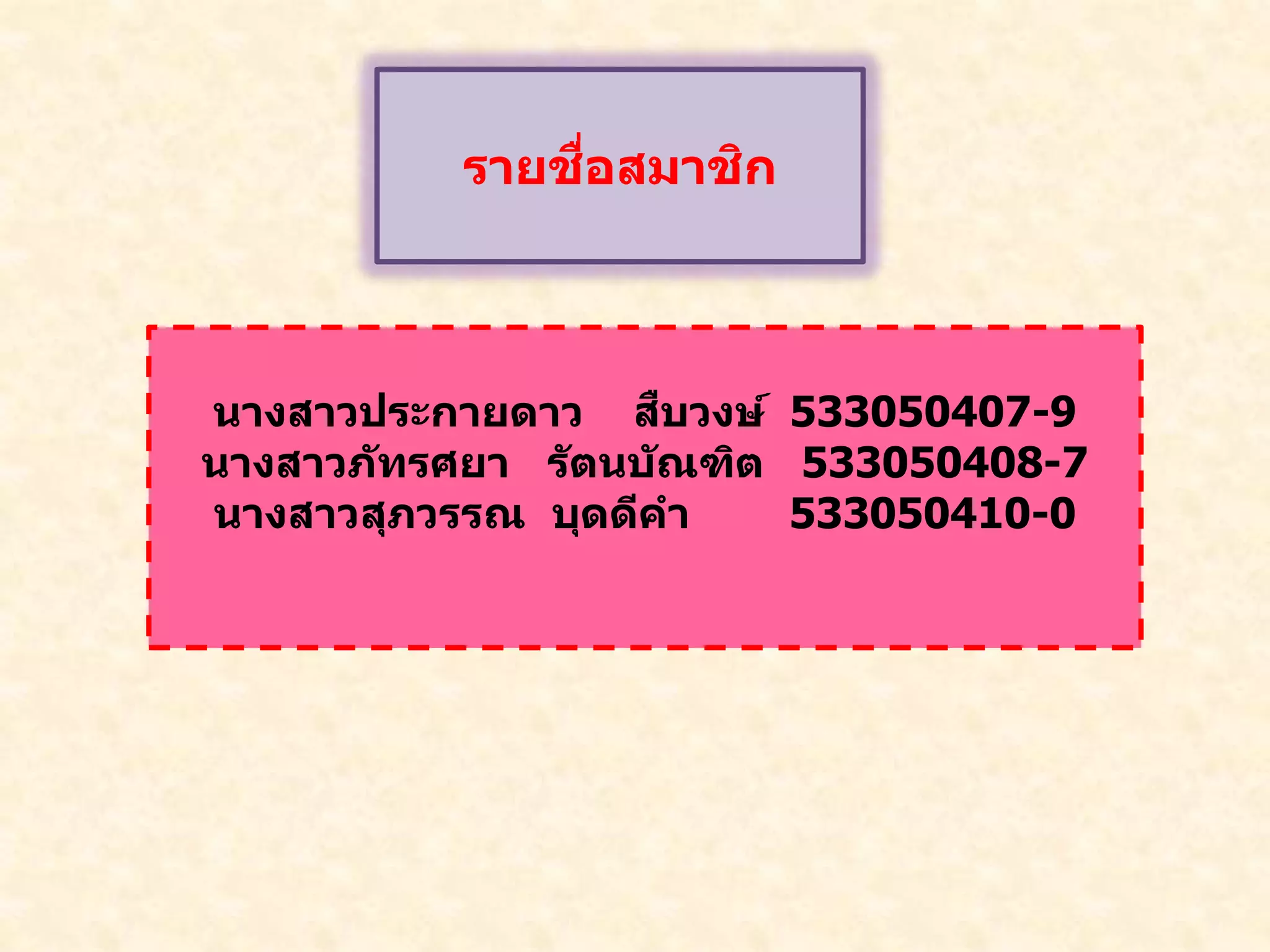 รายชื่อสมาชิก
นางสาวประกายดาว สืบวงษ์ 533050407-9
นางสาวภัทรศยา รัตนบัณฑิต 533050408-7
นางสาวสุภวรรณ บุดดีคา 533050410-0
 