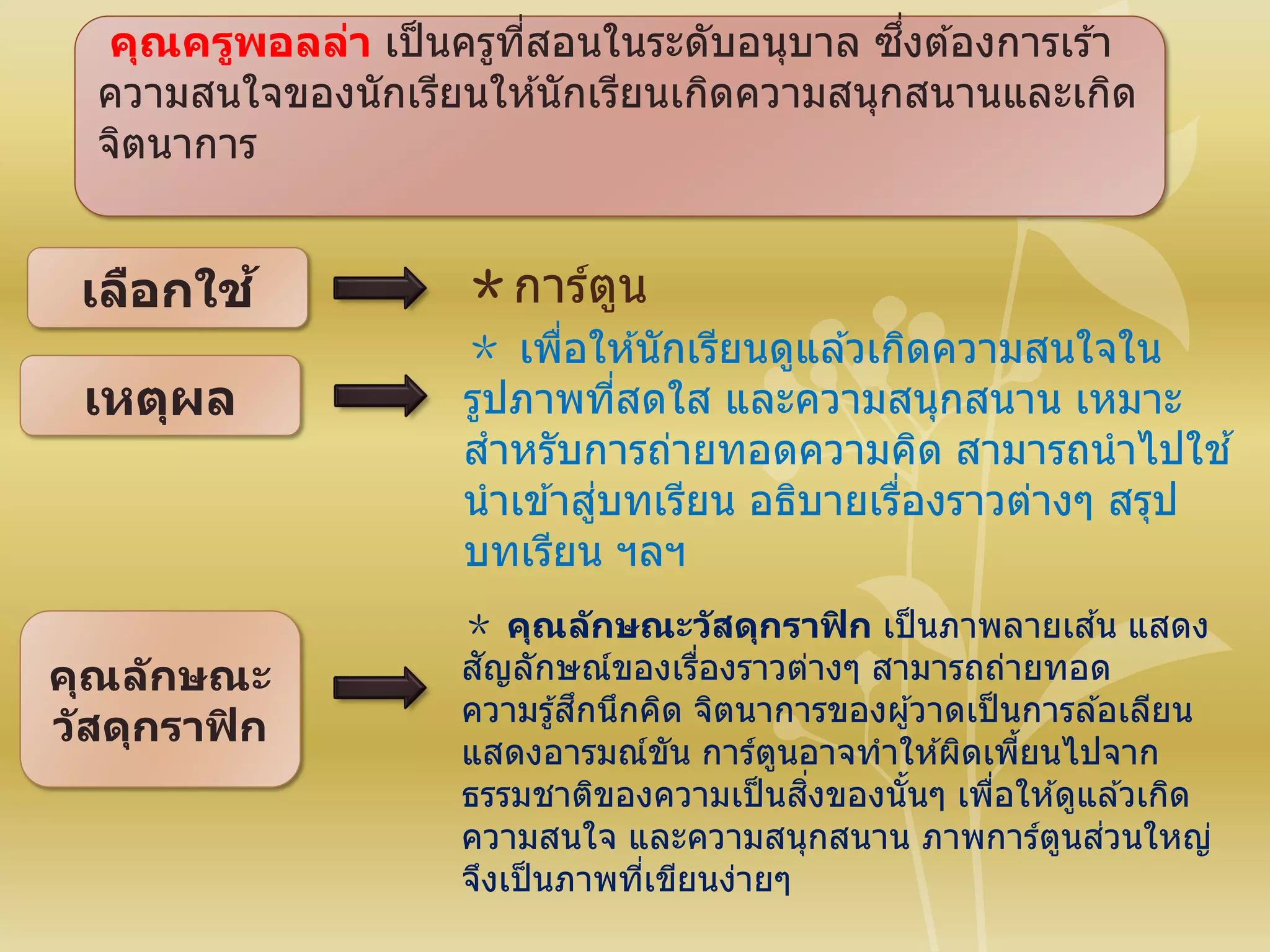 คุณครูพอลล่า เป็นครูที่สอนในระดับอนุบาล ซึ่งต ้องการเร ้า
ความสนใจของนักเรียนให ้นักเรียนเกิดความสนุกสนานและเกิด
จิตนาการ
เลือกใช้
เหตุผล
คุณลักษณะ
วัสดุกราฟิก
＊การ์ตูน
＊ เพื่อให ้นักเรียนดูแล ้วเกิดความสนใจใน
รูปภาพที่สดใส และความสนุกสนาน เหมาะ
สาหรับการถ่ายทอดความคิด สามารถนาไปใช ้
นาเข ้าสู่บทเรียน อธิบายเรื่องราวต่างๆ สรุป
บทเรียน ฯลฯ
＊ คุณลักษณะวัสดุกราฟิก เป็นภาพลายเส ้น แสดง
สัญลักษณ์ของเรื่องราวต่างๆ สามารถถ่ายทอด
ความรู้สึกนึกคิด จิตนาการของผู้วาดเป็นการล ้อเลียน
แสดงอารมณ์ขัน การ์ตูนอาจทาให ้ผิดเพี้ยนไปจาก
ธรรมชาติของความเป็นสิ่งของนั้นๆ เพื่อให ้ดูแล ้วเกิด
ความสนใจ และความสนุกสนาน ภาพการ์ตูนส่วนใหญ่
จึงเป็นภาพที่เขียนง่ายๆ
 