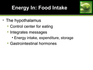 Energy In: Food IntakeEnergy In: Food Intake
• The hypothalamus
• Control center for eating
• Integrates messages
• Energy intake, expenditure, storage
• Gastrointestinal hormones
 