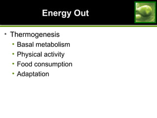 Energy OutEnergy Out
• Thermogenesis
• Basal metabolism
• Physical activity
• Food consumption
• Adaptation
 