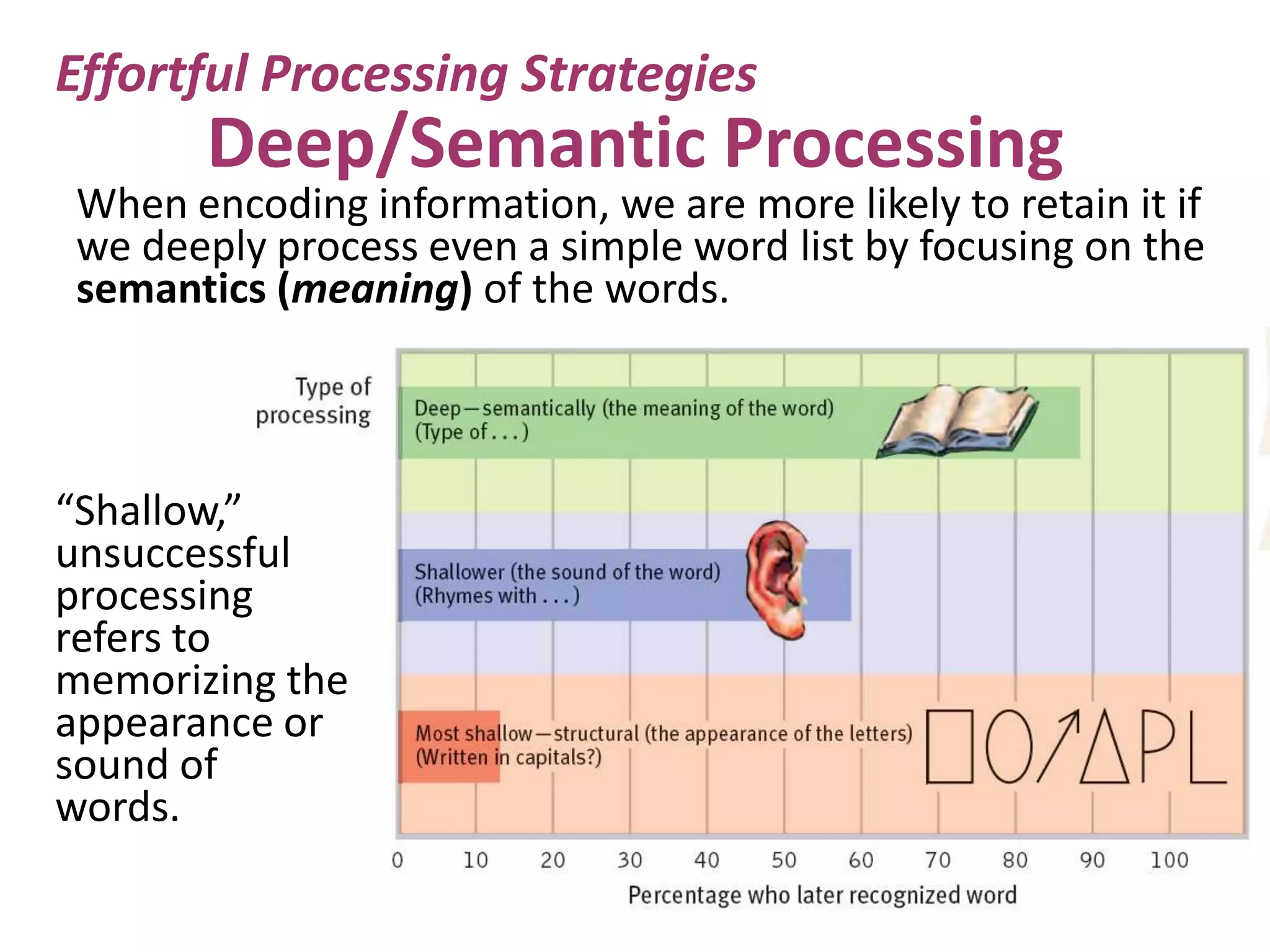 Effortful Processing Strategies

Deep/Semantic Processing

When encoding information, we are more likely to retain it if
we deeply process even a simple word list by focusing on the
semantics (meaning) of the words.

“Shallow,”
unsuccessful
processing
refers to
memorizing the
appearance or
sound of
words.

 