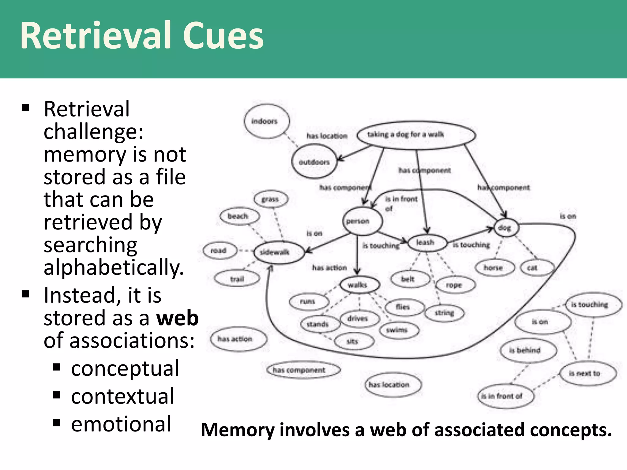 Retrieval Cues
 Retrieval
challenge:
memory is not
stored as a file
that can be
retrieved by
searching
alphabetically.
 Instead, it is
stored as a web
of associations:
 conceptual
 contextual
 emotional Memory involves a web of associated concepts.

 