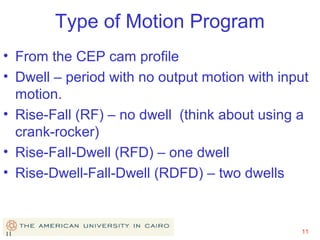 Type of Motion Program
• From the CEP cam profile
• Dwell – period with no output motion with input
motion.
• Rise-Fall (RF) – no dwell (think about using a
crank-rocker)
• Rise-Fall-Dwell (RFD) – one dwell
• Rise-Dwell-Fall-Dwell (RDFD) – two dwells

11

11

 