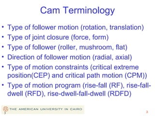 Cam Terminology
•
•
•
•
•

Type of follower motion (rotation, translation)
Type of joint closure (force, form)
Type of follower (roller, mushroom, flat)
Direction of follower motion (radial, axial)
Type of motion constraints (critical extreme
position(CEP) and critical path motion (CPM))
• Type of motion program (rise-fall (RF), rise-falldwell (RFD), rise-dwell-fall-dwell (RDFD)
3

3

 