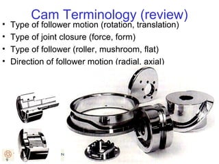 Cam Terminology (review)

•
•
•
•

Type of follower motion (rotation, translation)
Type of joint closure (force, form)
Type of follower (roller, mushroom, flat)
Direction of follower motion (radial, axial)

9

9

 