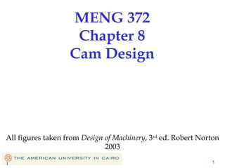 MENG 372
Chapter 8
Cam Design

All figures taken from Design of Machinery, 3rd ed. Robert Norton
2003
1

1

 