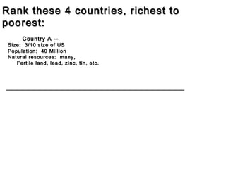 Rank these 4 countries, richest to
poorest:
Country A --

Size: 3/10 size of US
Population: 40 Million
Natural resources: many,
Fertile land, lead, zinc, tin, etc.

_________________________________________________________

 