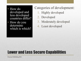 Categories of development:
• How do
developed and
1. Highly developed
less developed
2. Developed
countries differ?
3. Moderately developed
• How do you
determine
4. Least developed
which is which?

Lower and Less Secure Capabilities
Pearson Publishing 2011

 