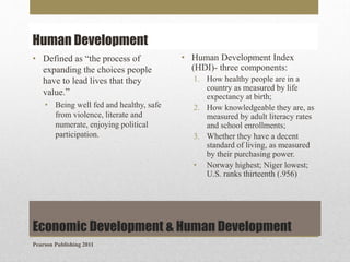 Human Development
• Defined as “the process of
expanding the choices people
have to lead lives that they
value.”
• Being well fed and healthy, safe
from violence, literate and
numerate, enjoying political
participation.

• Human Development Index
(HDI)- three components:
1. How healthy people are in a
country as measured by life
expectancy at birth;
2. How knowledgeable they are, as
measured by adult literacy rates
and school enrollments;
3. Whether they have a decent
standard of living, as measured
by their purchasing power.
• Norway highest; Niger lowest;
U.S. ranks thirteenth (.956)

Economic Development & Human Development
Pearson Publishing 2011

 