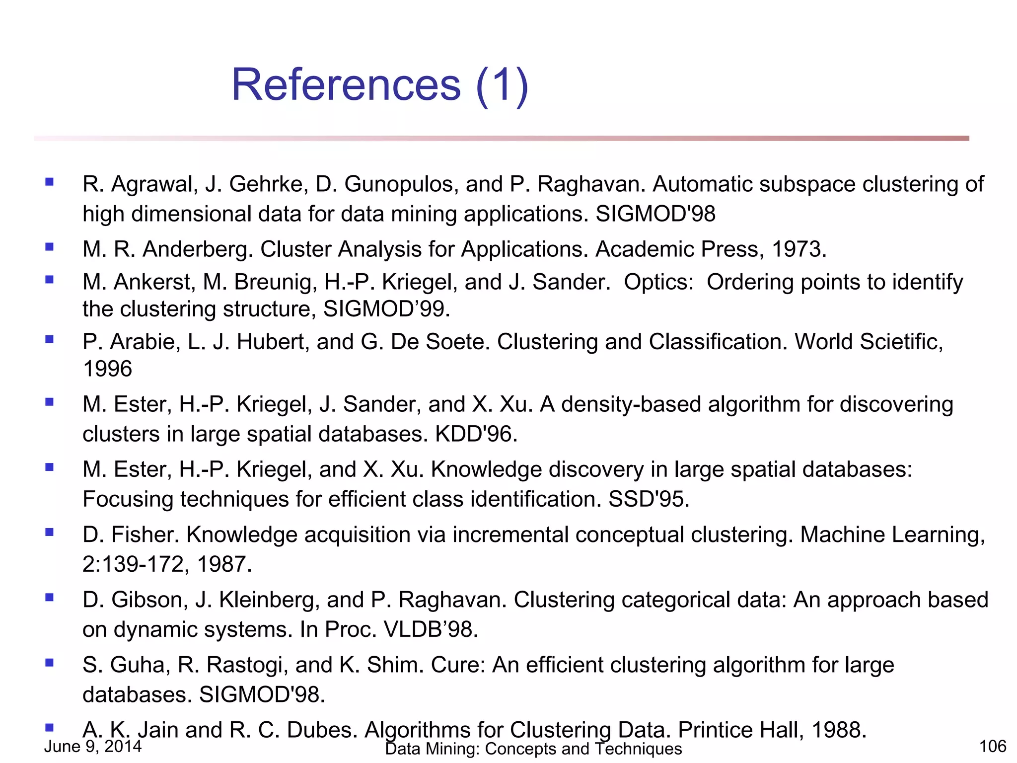 June 9, 2014 Data Mining: Concepts and Techniques 106
References (1)
 R. Agrawal, J. Gehrke, D. Gunopulos, and P. Raghavan. Automatic subspace clustering of
high dimensional data for data mining applications. SIGMOD'98
 M. R. Anderberg. Cluster Analysis for Applications. Academic Press, 1973.
 M. Ankerst, M. Breunig, H.-P. Kriegel, and J. Sander. Optics: Ordering points to identify
the clustering structure, SIGMOD’99.
 P. Arabie, L. J. Hubert, and G. De Soete. Clustering and Classification. World Scietific,
1996
 M. Ester, H.-P. Kriegel, J. Sander, and X. Xu. A density-based algorithm for discovering
clusters in large spatial databases. KDD'96.
 M. Ester, H.-P. Kriegel, and X. Xu. Knowledge discovery in large spatial databases:
Focusing techniques for efficient class identification. SSD'95.
 D. Fisher. Knowledge acquisition via incremental conceptual clustering. Machine Learning,
2:139-172, 1987.
 D. Gibson, J. Kleinberg, and P. Raghavan. Clustering categorical data: An approach based
on dynamic systems. In Proc. VLDB’98.
 S. Guha, R. Rastogi, and K. Shim. Cure: An efficient clustering algorithm for large
databases. SIGMOD'98.
 A. K. Jain and R. C. Dubes. Algorithms for Clustering Data. Printice Hall, 1988.
 