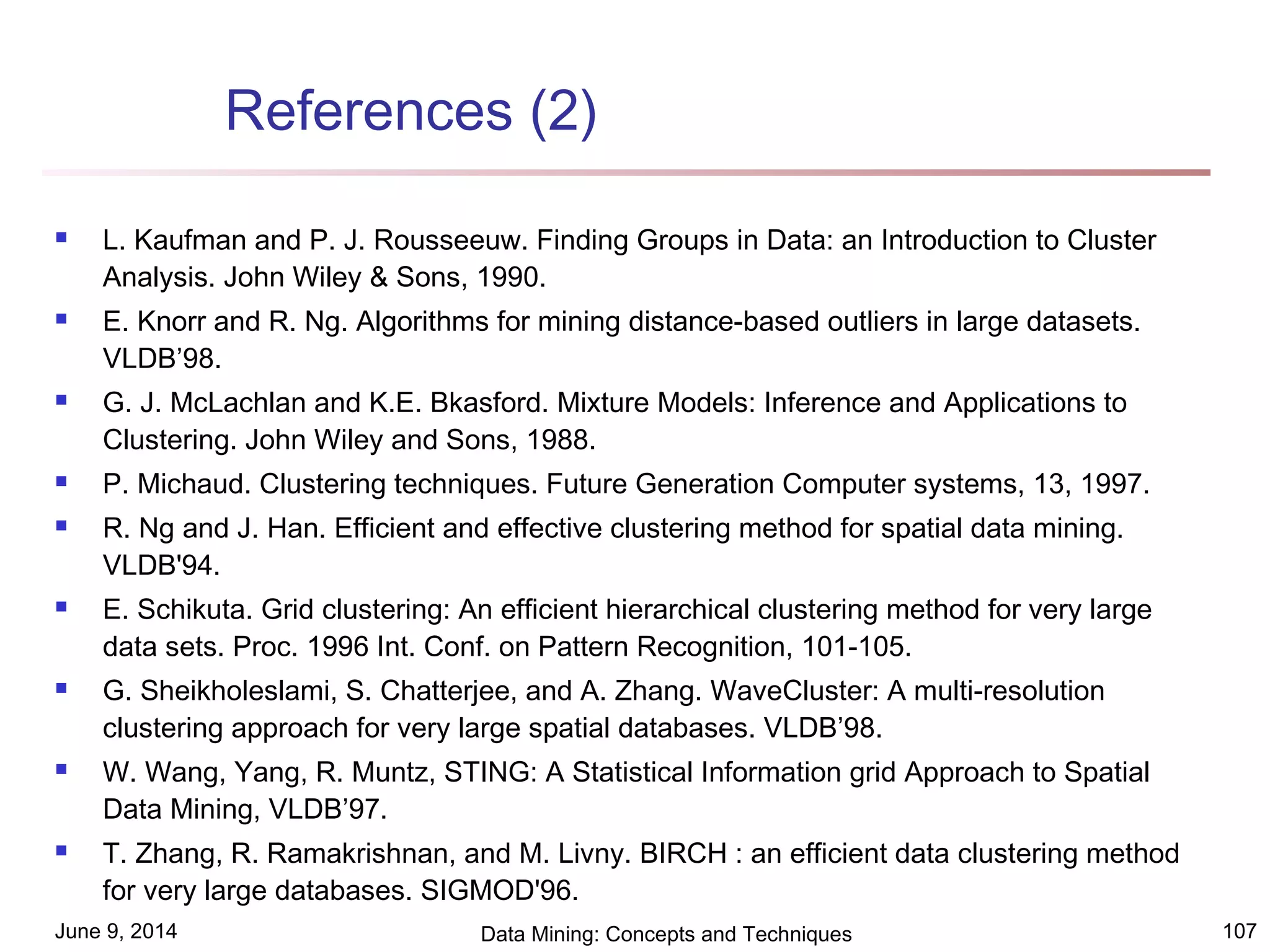 June 9, 2014 Data Mining: Concepts and Techniques 107
References (2)
 L. Kaufman and P. J. Rousseeuw. Finding Groups in Data: an Introduction to Cluster
Analysis. John Wiley & Sons, 1990.
 E. Knorr and R. Ng. Algorithms for mining distance-based outliers in large datasets.
VLDB’98.
 G. J. McLachlan and K.E. Bkasford. Mixture Models: Inference and Applications to
Clustering. John Wiley and Sons, 1988.
 P. Michaud. Clustering techniques. Future Generation Computer systems, 13, 1997.
 R. Ng and J. Han. Efficient and effective clustering method for spatial data mining.
VLDB'94.
 E. Schikuta. Grid clustering: An efficient hierarchical clustering method for very large
data sets. Proc. 1996 Int. Conf. on Pattern Recognition, 101-105.
 G. Sheikholeslami, S. Chatterjee, and A. Zhang. WaveCluster: A multi-resolution
clustering approach for very large spatial databases. VLDB’98.
 W. Wang, Yang, R. Muntz, STING: A Statistical Information grid Approach to Spatial
Data Mining, VLDB’97.
 T. Zhang, R. Ramakrishnan, and M. Livny. BIRCH : an efficient data clustering method
for very large databases. SIGMOD'96.
 
