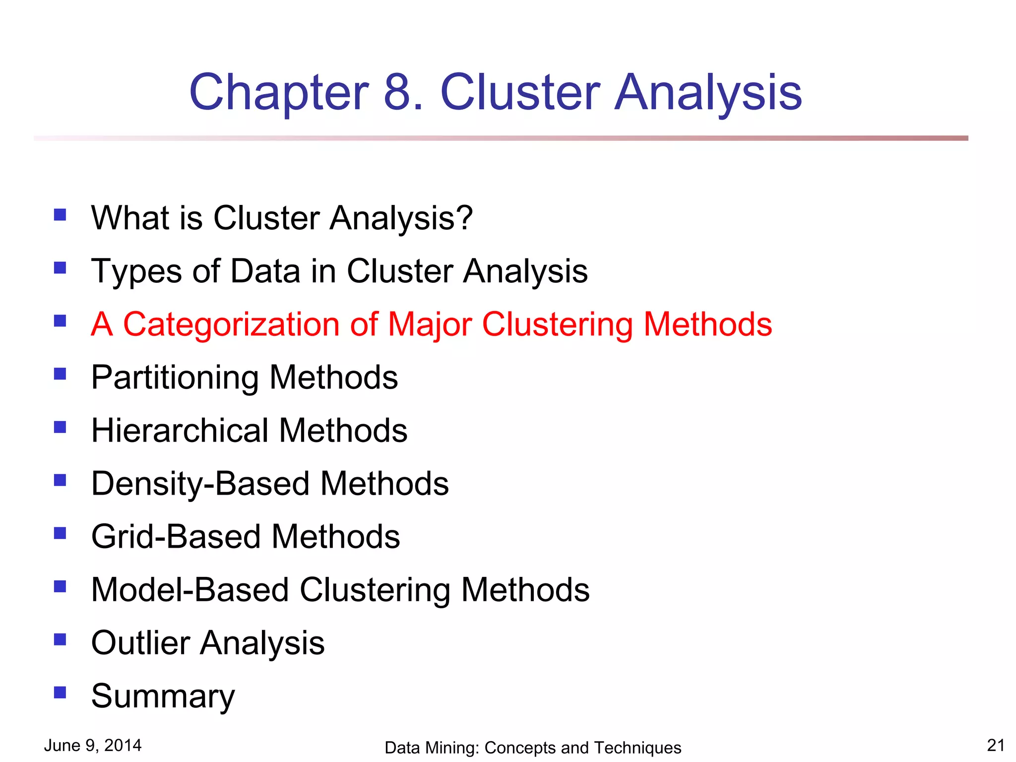 June 9, 2014 Data Mining: Concepts and Techniques 21
Chapter 8. Cluster Analysis
 What is Cluster Analysis?
 Types of Data in Cluster Analysis
 A Categorization of Major Clustering Methods
 Partitioning Methods
 Hierarchical Methods
 Density-Based Methods
 Grid-Based Methods
 Model-Based Clustering Methods
 Outlier Analysis
 Summary
 
