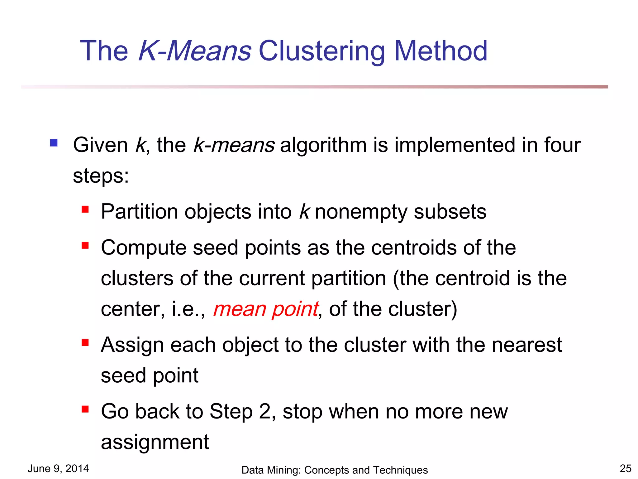 June 9, 2014 Data Mining: Concepts and Techniques 25
The K-Means Clustering Method
 Given k, the k-means algorithm is implemented in four
steps:
 Partition objects into k nonempty subsets
 Compute seed points as the centroids of the
clusters of the current partition (the centroid is the
center, i.e., mean point, of the cluster)
 Assign each object to the cluster with the nearest
seed point
 Go back to Step 2, stop when no more new
assignment
 