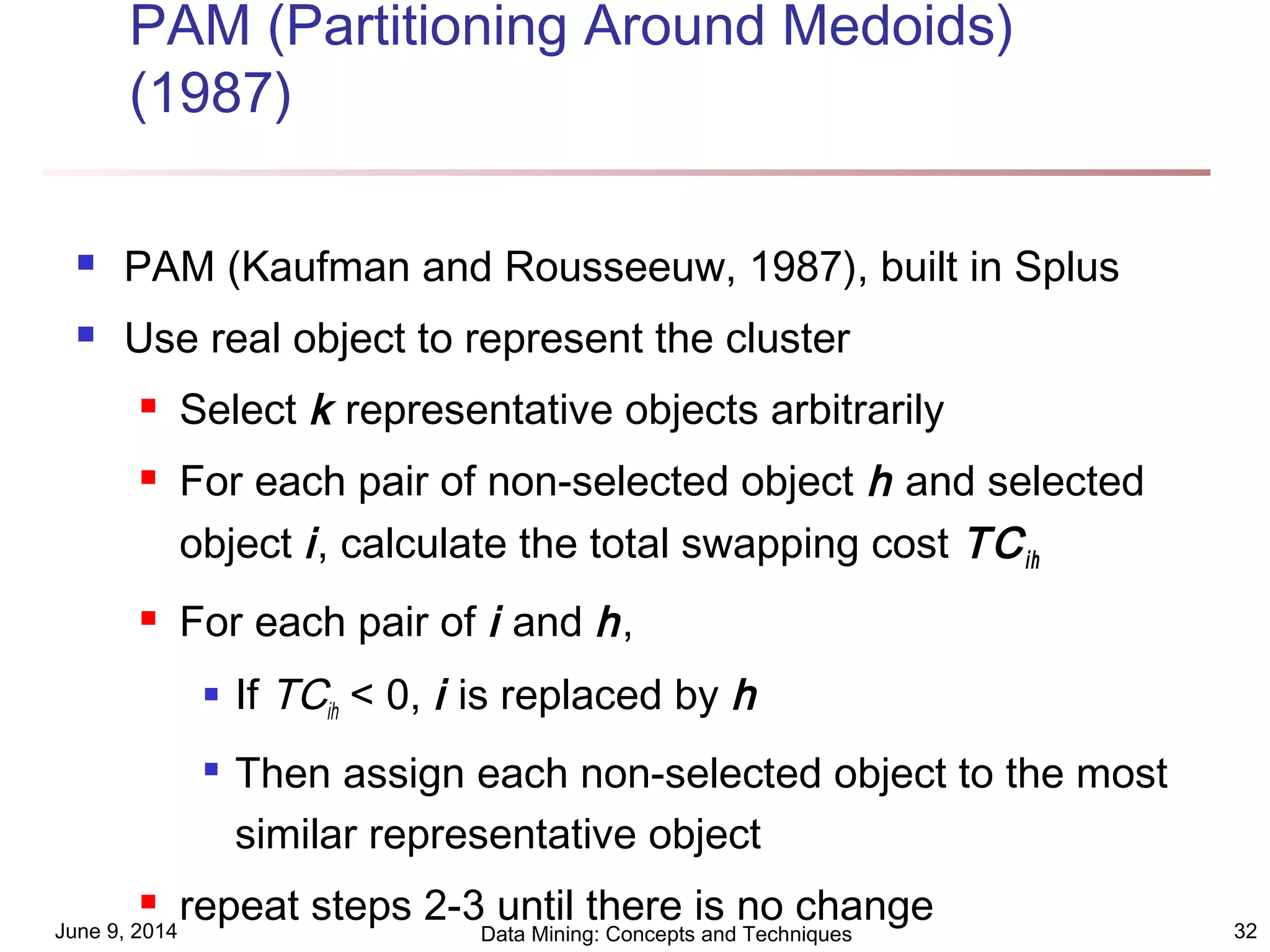 June 9, 2014 Data Mining: Concepts and Techniques 32
PAM (Partitioning Around Medoids)
(1987)
 PAM (Kaufman and Rousseeuw, 1987), built in Splus
 Use real object to represent the cluster
 Select k representative objects arbitrarily
 For each pair of non-selected object h and selected
object i, calculate the total swapping cost TCih
 For each pair of i and h,
 If TCih < 0, i is replaced by h

Then assign each non-selected object to the most
similar representative object
 repeat steps 2-3 until there is no change
 