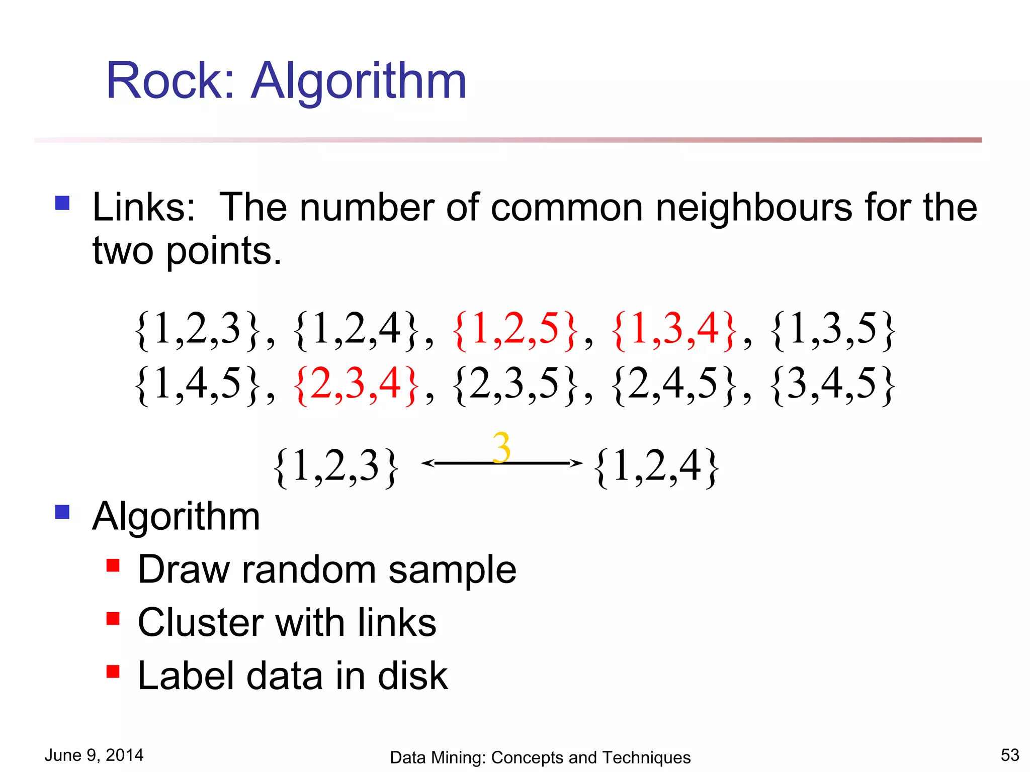 June 9, 2014 Data Mining: Concepts and Techniques 53
Rock: Algorithm
 Links: The number of common neighbours for the
two points.
 Algorithm
 Draw random sample
 Cluster with links
 Label data in disk
{1,2,3}, {1,2,4}, {1,2,5}, {1,3,4}, {1,3,5}
{1,4,5}, {2,3,4}, {2,3,5}, {2,4,5}, {3,4,5}
{1,2,3} {1,2,4}3
 