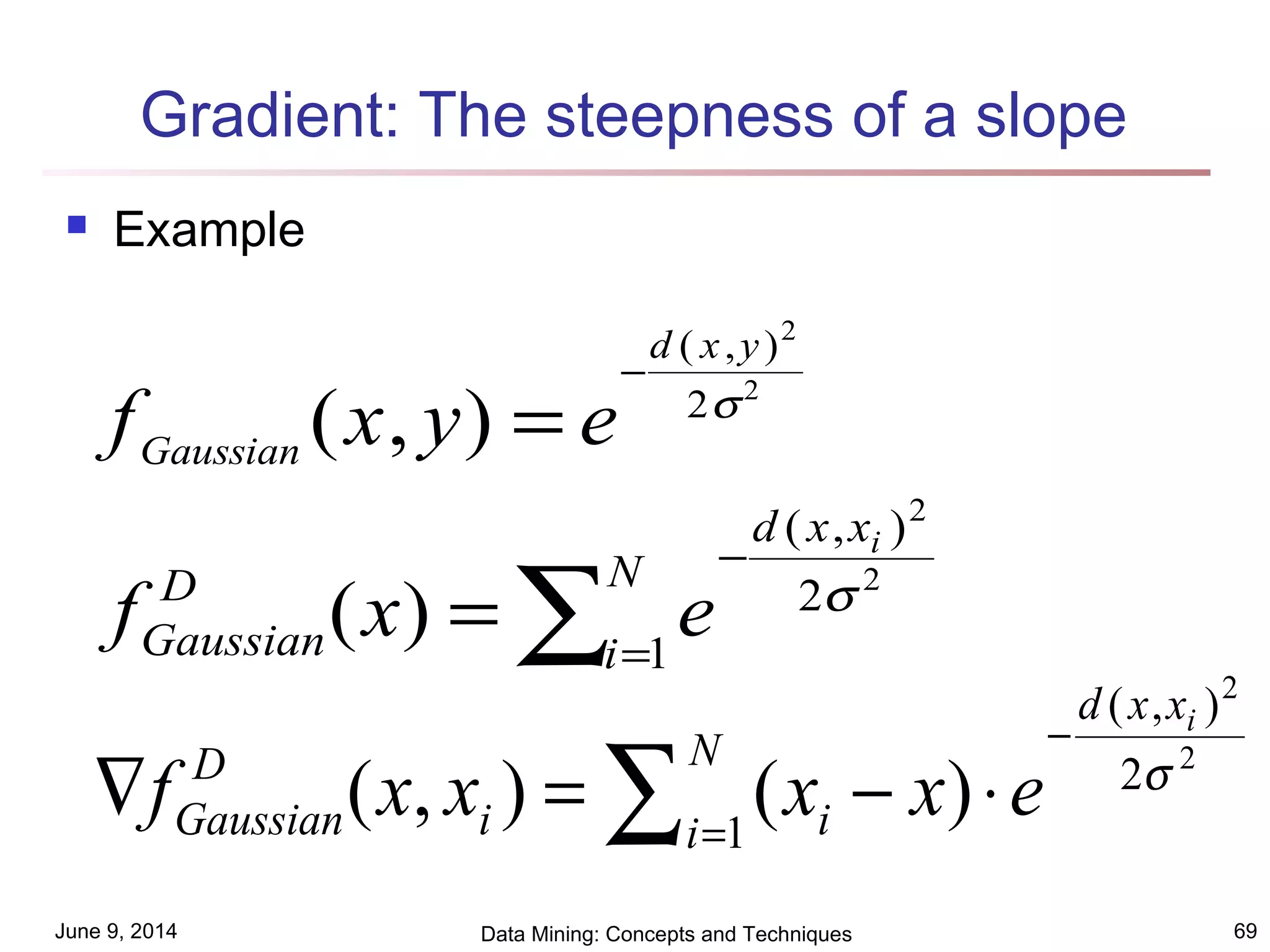 June 9, 2014 Data Mining: Concepts and Techniques 69
Gradient: The steepness of a slope
 Example
∑=
−
=
N
i
xxd
D
Gaussian
i
exf 1
2
),(
2
2
)( σ
∑ =
−
⋅−=∇
N
i
xxd
ii
D
Gaussian
i
exxxxf 1
2
),(
2
2
)(),( σ
f x y eGaussian
d x y
( , )
( , )
=
−
2
2
2σ
 