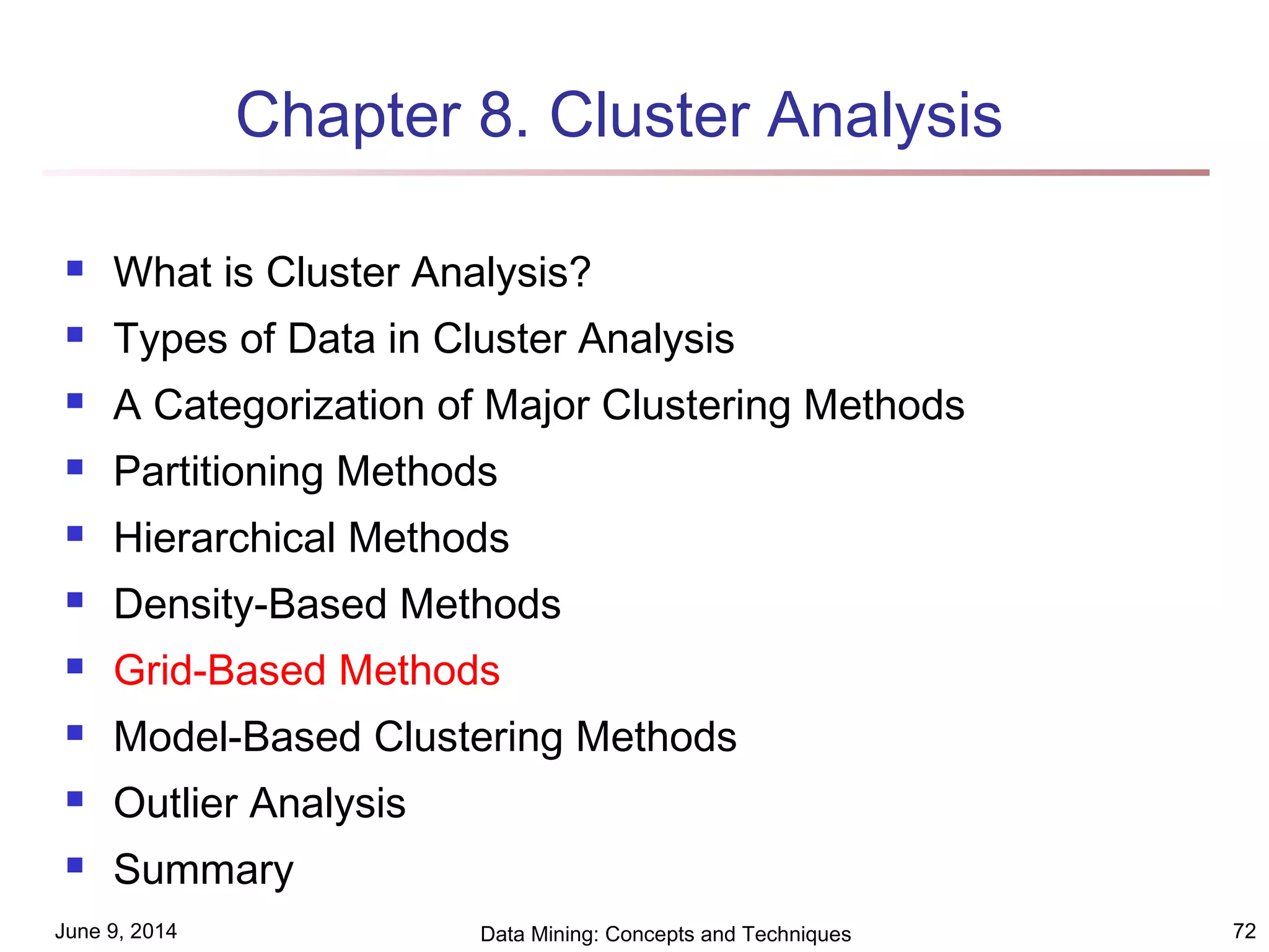June 9, 2014 Data Mining: Concepts and Techniques 72
Chapter 8. Cluster Analysis
 What is Cluster Analysis?
 Types of Data in Cluster Analysis
 A Categorization of Major Clustering Methods
 Partitioning Methods
 Hierarchical Methods
 Density-Based Methods
 Grid-Based Methods
 Model-Based Clustering Methods
 Outlier Analysis
 Summary
 