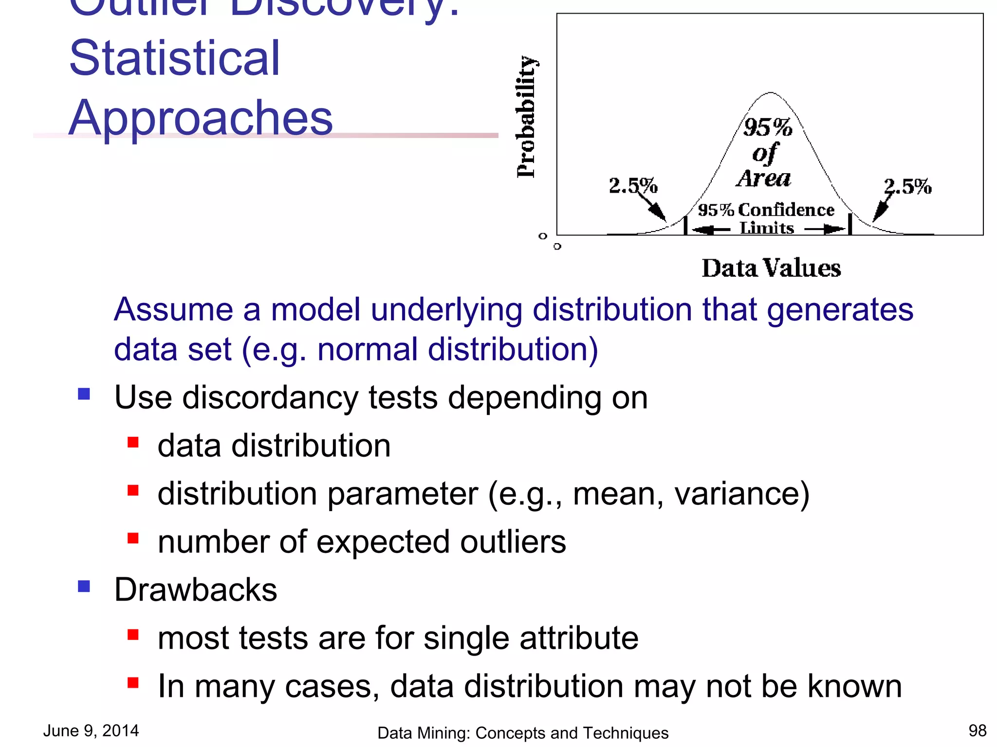 June 9, 2014 Data Mining: Concepts and Techniques 98
Outlier Discovery:
Statistical
Approaches
Assume a model underlying distribution that generates
data set (e.g. normal distribution)
 Use discordancy tests depending on
 data distribution
 distribution parameter (e.g., mean, variance)
 number of expected outliers
 Drawbacks
 most tests are for single attribute
 In many cases, data distribution may not be known
 