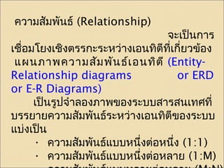 ความสัมพันธ์ (Relationship) 
จะเป็นการ 
เชื่อมโยงเชิงตรรกะระหว่างเอนทิตีที่เกี่ยวข้อง 
แผนภาพความสัมพันธ์เอนทิตี (Entity- 
Relationship diagrams or ERD 
or E-R Diagrams) 
เป็นรูปจำาลองภาพของระบบสารสนเทศที่ 
บรรยายความสมัพันธร์ะหว่างเอนทิตีของระบบ 
แบ่งเป็น 
• ความสมัพันธแ์บบหนึ่งต่อหนึ่ง (1:1) 
• ความสมัพันธแ์บบหนึ่งต่อหลาย (1:M) 
• ความสมัพันธแ์บบหลายต่อหลาย (M:N) 
 