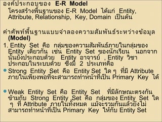 องค์ประกอบของ E-R Model 
โครงสร้างพนื้ฐานของ E-R Model ได้แก่ Entity, 
Attribute, Relationship, Key, Domain เป็นต้น 
คำาศัพท์พนื้ฐานแบบจำาลองความสัมพันธ์ระหว่างข้อมูล 
(Model) 
1. Entity Set คือ กลุ่มของความสมัพันธ์ภายในกลุ่มของ 
Entity เดียวกัน เช่น Entity Set ของนักเรียน นอกจาก 
นั้นยังประกอบด้วย Entity อาจารย์ , Entity วิชา 
ประกอบในระบบด้วย ซึ่งมี 2 ประเภทคือ 
Strong Entity Set คือ Entity Set ใด ๆ ทมีี่Attribute 
ภายในเพียงพอทจี่ะสามารถทำาหน้าทเี่ป็น Primary Key ได้ 
Weak Entity Set คือ Entity Set ทมี่ลีักษณะตรงกนั 
ข้ามกับ Strong Entity Set คือ กลุ่มของ Entity Set ใด 
ๆ ที่Attribute ภายในทงั้หมด แมจ้ะรวมกันแล้วยังไม่ 
สามารถทำาหน้าทเี่ป็น Primary Key ใหกั้บ Entity Set 
 