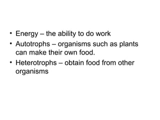• Energy – the ability to do work 
• Autotrophs – organisms such as plants 
can make their own food. 
• Heterotrophs – obtain food from other 
organisms 
 