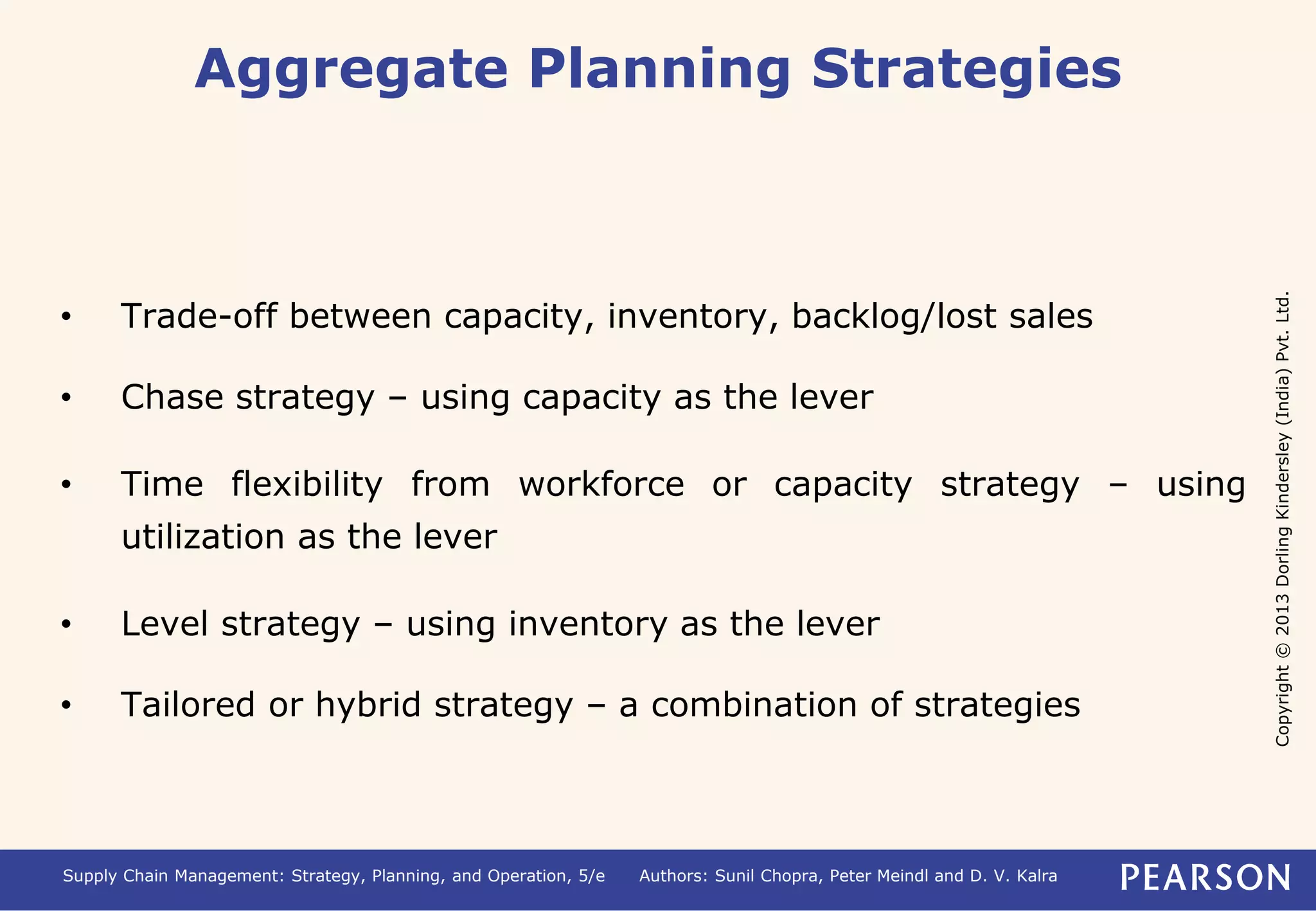 Copyright © 2013 Dorling Kindersley (India) Pvt. Ltd. 
Aggregate Planning Strategies 
• Trade-off between capacity, inventory, backlog/lost sales 
• Chase strategy – using capacity as the lever 
• Time flexibility from workforce or capacity strategy – using 
utilization as the lever 
• Level strategy – using inventory as the lever 
• Tailored or hybrid strategy – a combination of strategies 
Supply Chain Management: Strategy, Planning, and Operation, 5/e Authors: Sunil Chopra, Peter Meindl and D. V. Kalra 
 