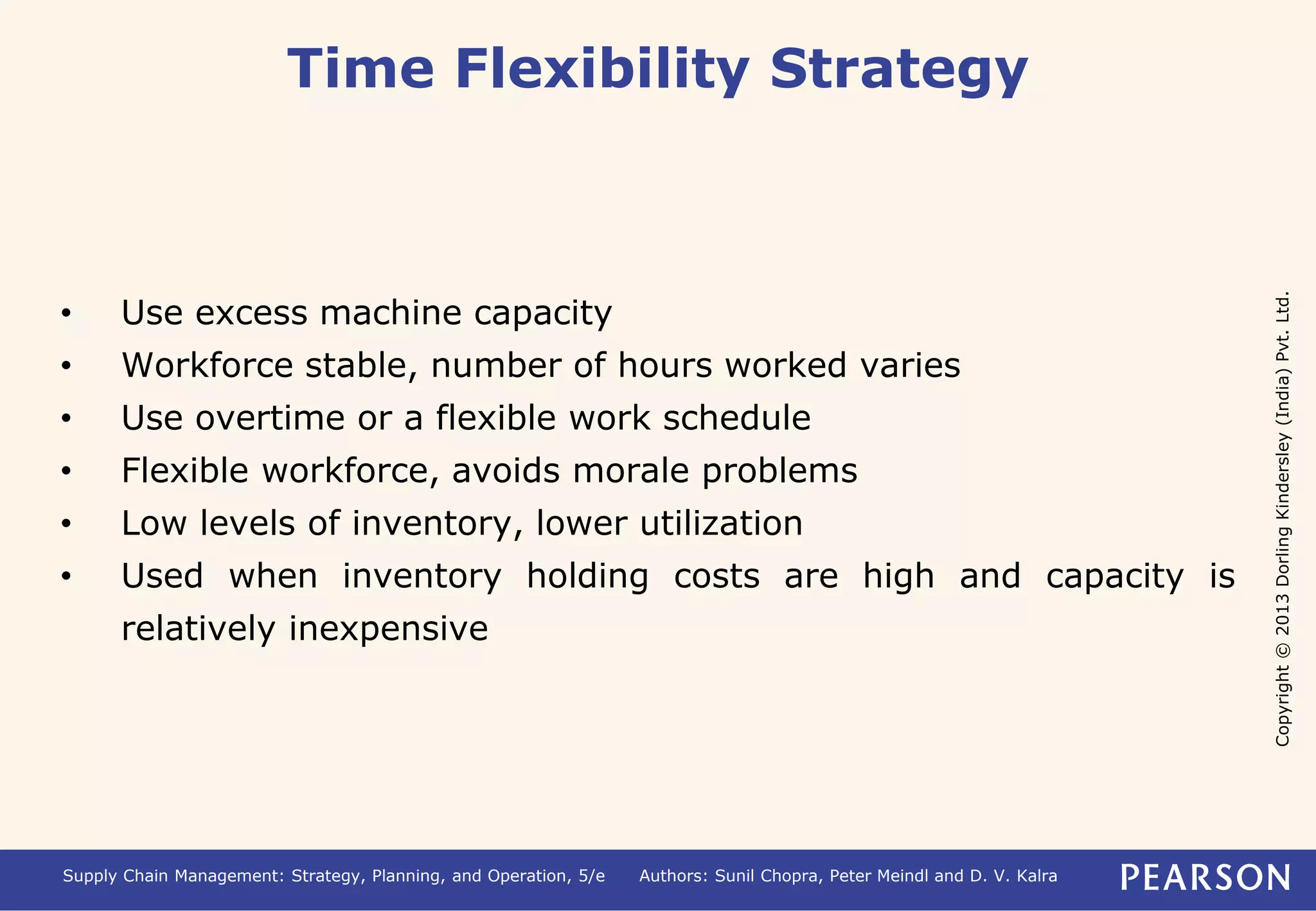 Copyright © 2013 Dorling Kindersley (India) Pvt. Ltd. 
Time Flexibility Strategy 
• Use excess machine capacity 
• Workforce stable, number of hours worked varies 
• Use overtime or a flexible work schedule 
• Flexible workforce, avoids morale problems 
• Low levels of inventory, lower utilization 
• Used when inventory holding costs are high and capacity is 
relatively inexpensive 
Supply Chain Management: Strategy, Planning, and Operation, 5/e Authors: Sunil Chopra, Peter Meindl and D. V. Kalra 
 