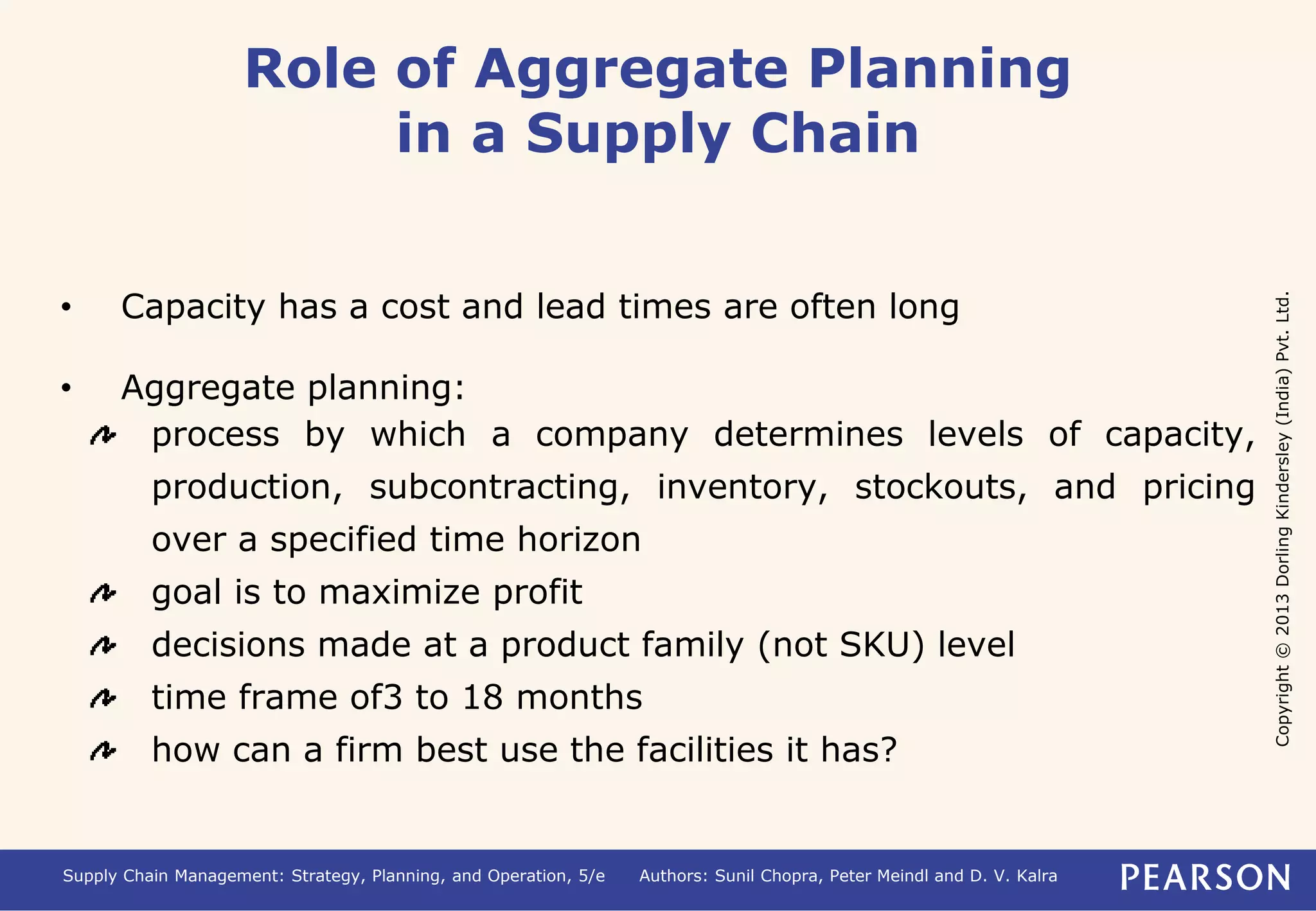 Copyright © 2013 Dorling Kindersley (India) Pvt. Ltd. 
Role of Aggregate Planning 
in a Supply Chain 
• Capacity has a cost and lead times are often long 
• Aggregate planning: 
process by which a company determines levels of capacity, 
production, subcontracting, inventory, stockouts, and pricing 
over a specified time horizon 
goal is to maximize profit 
decisions made at a product family (not SKU) level 
time frame of3 to 18 months 
how can a firm best use the facilities it has? 
Supply Chain Management: Strategy, Planning, and Operation, 5/e Authors: Sunil Chopra, Peter Meindl and D. V. Kalra 
 