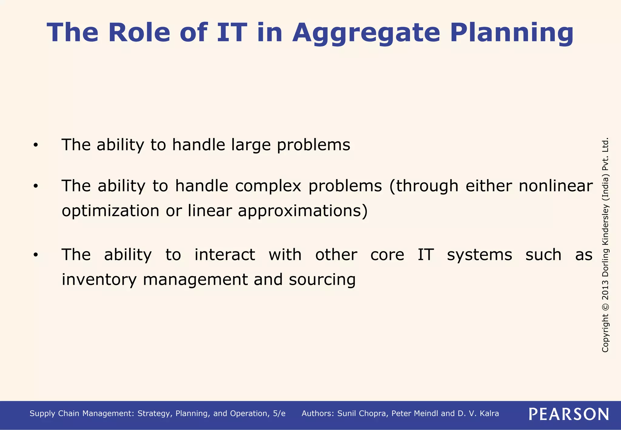 Copyright © 2013 Dorling Kindersley (India) Pvt. Ltd. 
The Role of IT in Aggregate Planning 
• The ability to handle large problems 
• The ability to handle complex problems (through either nonlinear 
optimization or linear approximations) 
• The ability to interact with other core IT systems such as 
inventory management and sourcing 
Supply Chain Management: Strategy, Planning, and Operation, 5/e Authors: Sunil Chopra, Peter Meindl and D. V. Kalra 
 