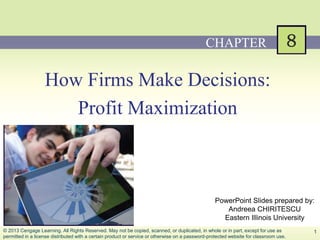 PowerPoint Slides prepared by:
Andreea CHIRITESCU
Eastern Illinois University
PowerPoint Slides prepared by:
Andreea CHIRITESCU
Eastern Illinois University
How Firms Make Decisions:
Profit Maximization
CHAPTER
1© 2013 Cengage Learning. All Rights Reserved. May not be copied, scanned, or duplicated, in whole or in part, except for use as
permitted in a license distributed with a certain product or service or otherwise on a password-protected website for classroom use.
 