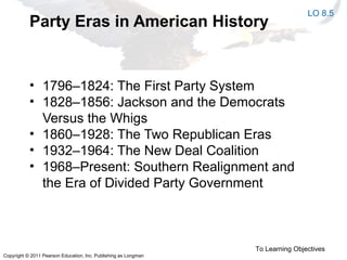 Copyright © 2011 Pearson Education, Inc. Publishing as Longman
Party Eras in American History
• 1796–1824: The First Party System
• 1828–1856: Jackson and the Democrats
Versus the Whigs
• 1860–1928: The Two Republican Eras
• 1932–1964: The New Deal Coalition
• 1968–Present: Southern Realignment and
the Era of Divided Party Government
To Learning Objectives
LO 8.5
 