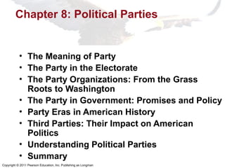 Copyright © 2011 Pearson Education, Inc. Publishing as Longman
Chapter 8: Political Parties
• The Meaning of Party
• The Party in the Electorate
• The Party Organizations: From the Grass
Roots to Washington
• The Party in Government: Promises and Policy
• Party Eras in American History
• Third Parties: Their Impact on American
Politics
• Understanding Political Parties
• Summary
 