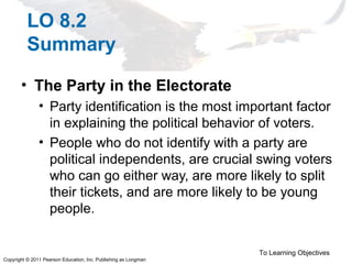 Copyright © 2011 Pearson Education, Inc. Publishing as Longman
LO 8.2
Summary
• The Party in the Electorate
• Party identification is the most important factor
in explaining the political behavior of voters.
• People who do not identify with a party are
political independents, are crucial swing voters
who can go either way, are more likely to split
their tickets, and are more likely to be young
people.
To Learning Objectives
 