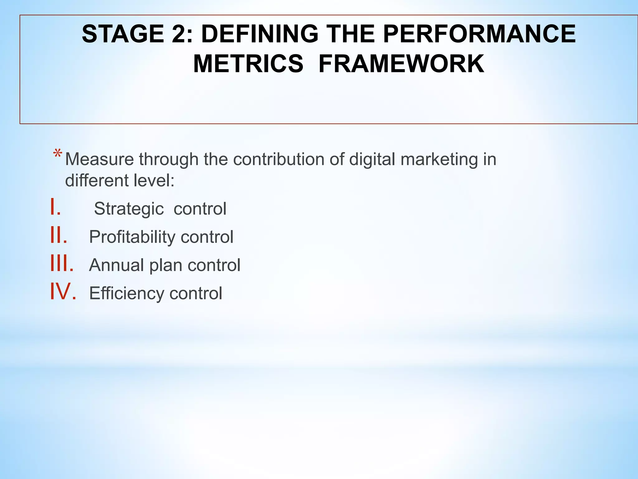 *Measure through the contribution of digital marketing in
different level:
I. Strategic control
II. Profitability control
III. Annual plan control
IV. Efficiency control
STAGE 2: DEFINING THE PERFORMANCE
METRICS FRAMEWORK
 