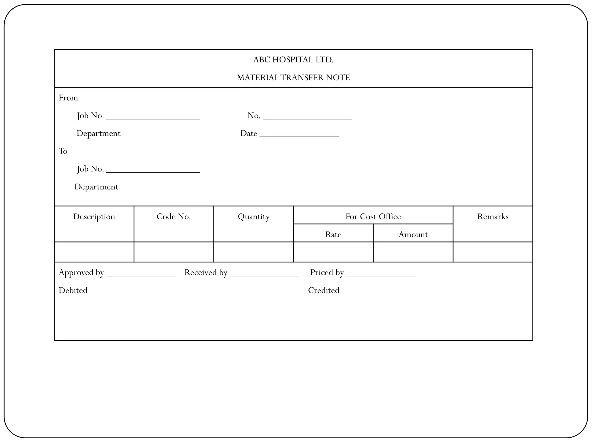 ABC HOSPITAL LTD.
MATERIALTRANSFER NOTE
From
Job No. ___________________ No. __________________
Department Date ________________
To
Job No. ___________________
Department
Description Code No. Quantity For Cost Office Remarks
Rate Amount
Approved by ______________ Received by ______________ Priced by ______________
Debited ______________ Credited ______________
 
