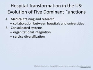 Hospital Transformation in the US:
Evolution of Five Dominant Functions
4. Medical training and research
– collaboration between hospitals and universities
5. Consolidated systems
– organizational integration
– service diversification
 