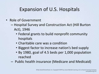 Expansion of U.S. Hospitals
• Role of Government
– Hospital Survey and Construction Act (Hill Burton
Act), 1946
• Federal grants to build nonprofit community
hospitals
• Charitable care was a condition
• Biggest factor to increase nation’s bed supply
• By 1980, goal of 4.5 beds per 1,000 population
reached
– Public health insurance (Medicare and Medicaid)
 