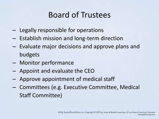 Board of Trustees
– Legally responsible for operations
– Establish mission and long-term direction
– Evaluate major decisions and approve plans and
budgets
– Monitor performance
– Appoint and evaluate the CEO
– Approve appointment of medical staff
– Committees (e.g. Executive Committee, Medical
Staff Committee)
 