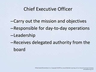 Chief Executive Officer
–Carry out the mission and objectives
–Responsible for day-to-day operations
–Leadership
–Receives delegated authority from the
board
 
