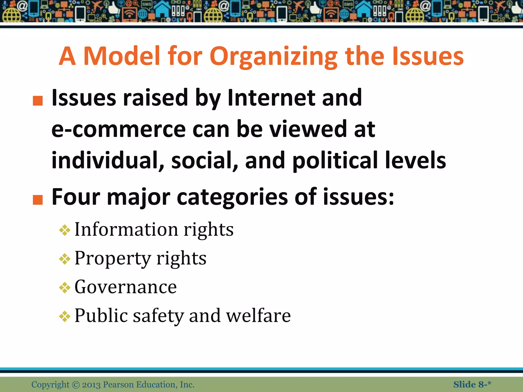 A Model for Organizing the Issues
■ Issues raised by Internet and
e-commerce can be viewed at
individual, social, and political levels
■ Four major categories of issues:
❖Information rights
❖Property rights
❖Governance
❖Public safety and welfare
Copyright © 2013 Pearson Education, Inc. Slide 8-*
 