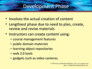 Development Phase
• Involves the actual creation of content
• Lengthiest phase due to need to plan, create,
review and revise materials
• Instructors can create content using:
– course management features
– public domain materials
– learning object repositories
– web 2.0 tools
– gadgets such as video cameras.
 