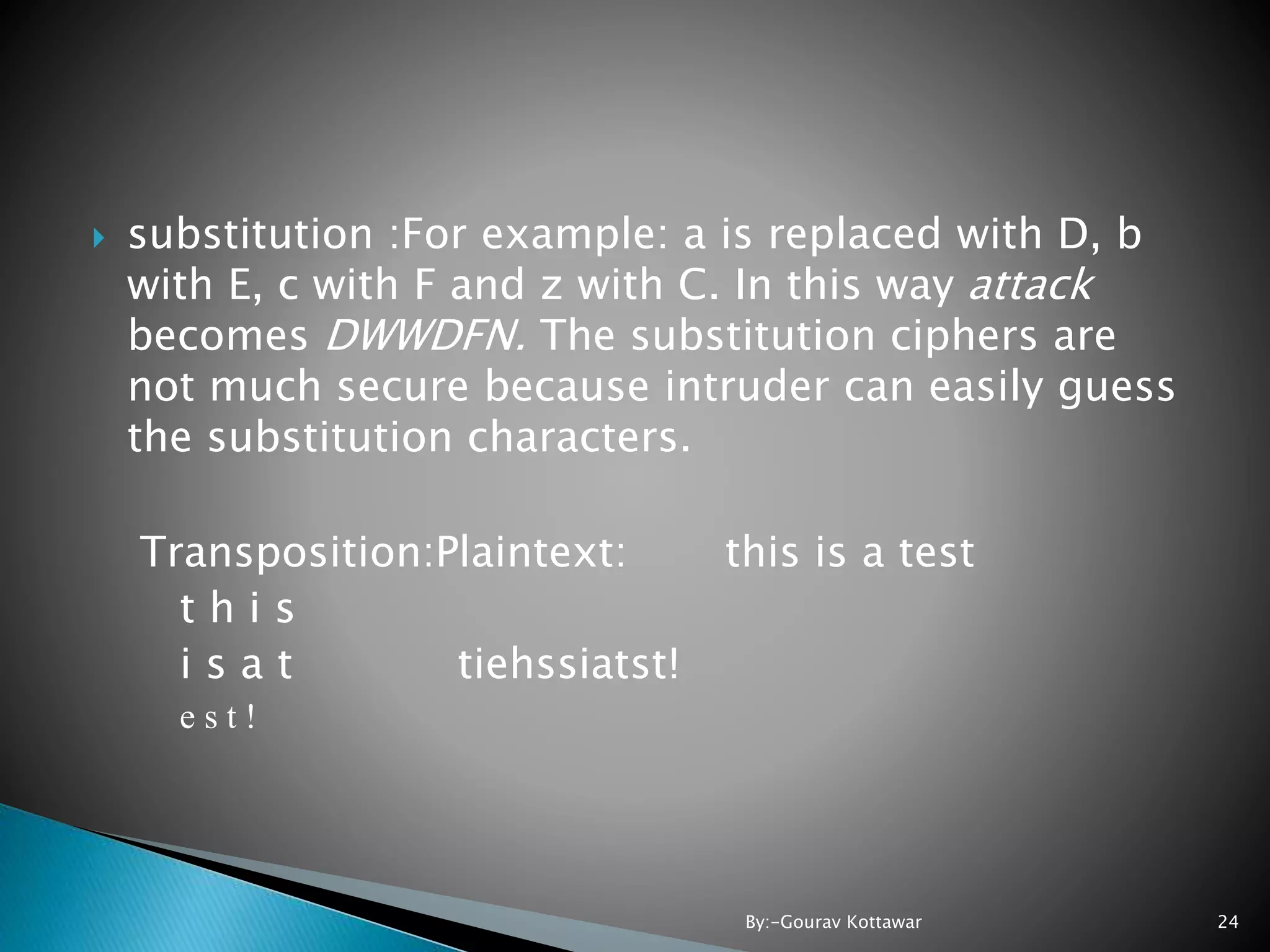  substitution :For example: a is replaced with D, b with E, c with F and z with C. In this way attack becomes DWWDFN. The substitution ciphers are not much secure because intruder can easily guess the substitution characters. Transposition:Plaintext: this is a test t h i s i s a t tiehssiatst! e s t ! 24By:-Gourav Kottawar 